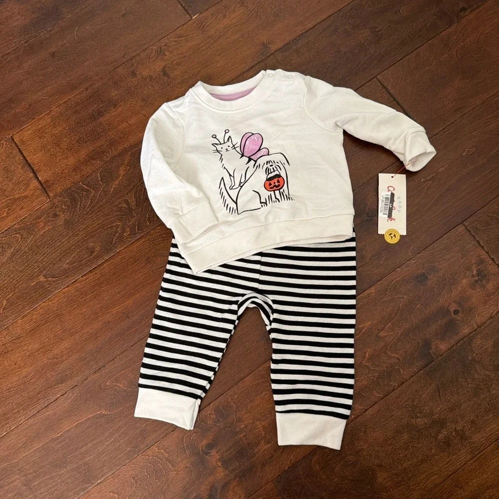 Cat & Jack 6-9 M Halloween Sweatshirt and Striped Jogger Set  Cat Dog Trick